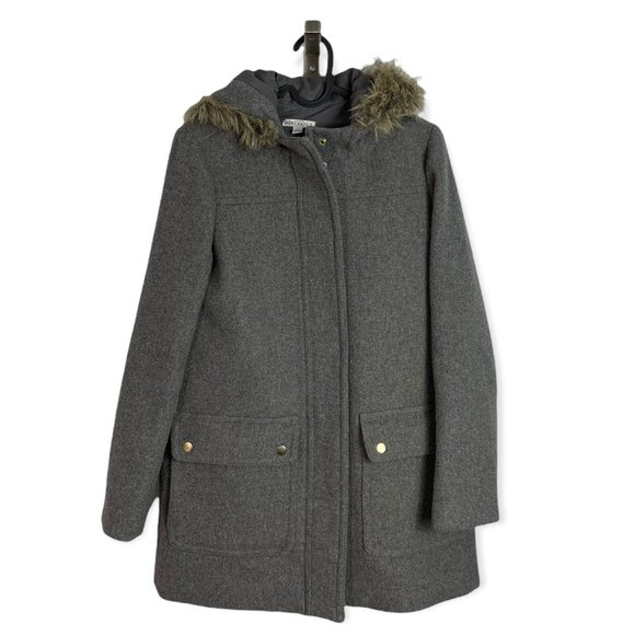 J. Crew Grey Wool Blend Long Pea Coat Faux Fur Trim Hood Women's